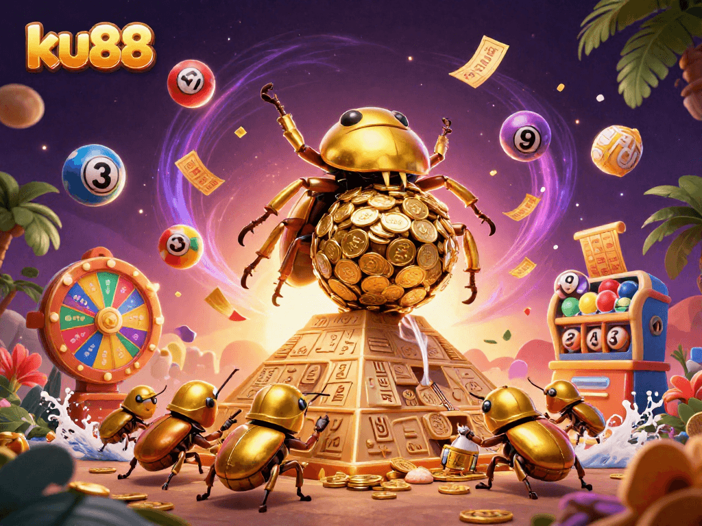 ku88 showcases a vibrant casino-themed scene with beetles and dynamic lottery elements.