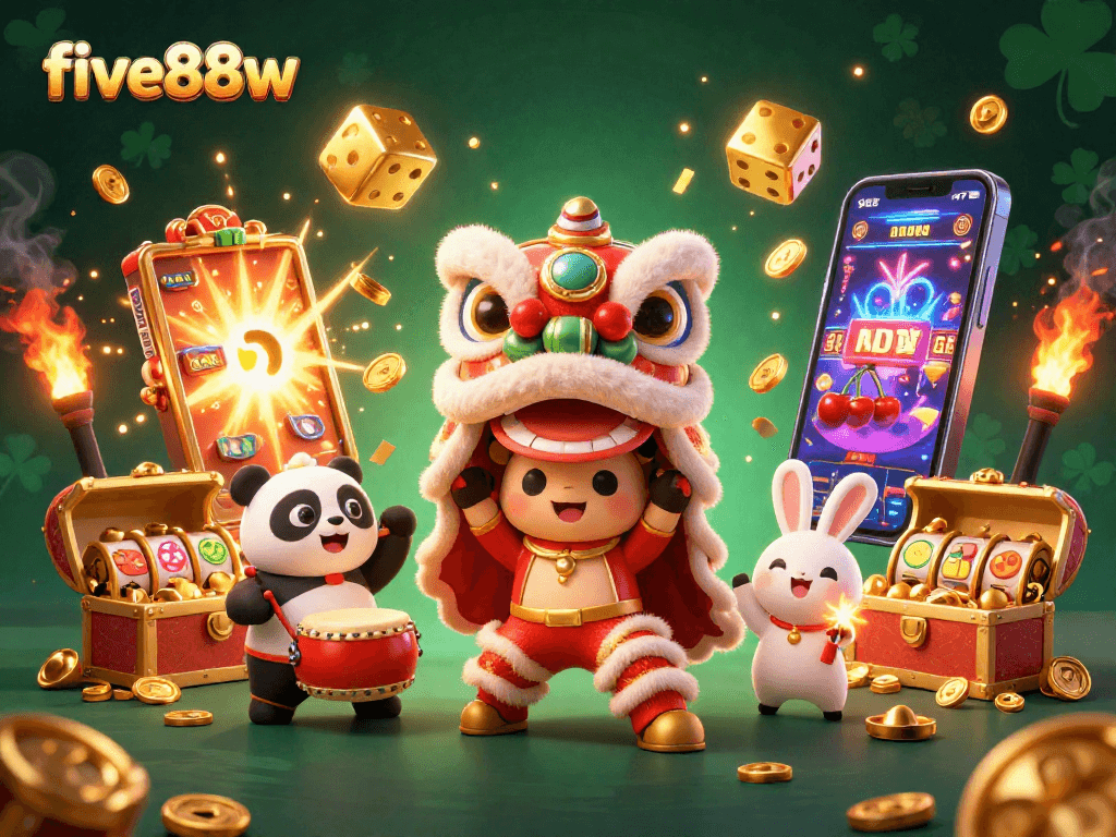 Experience the vibrant excitement of five88w with a festive lion dance illustration bursting with slot machine winnings.