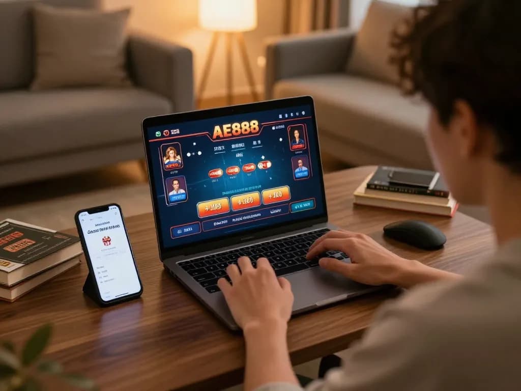 Engaging with the link đăng nhập ae888 for online casino gameplay on a laptop.