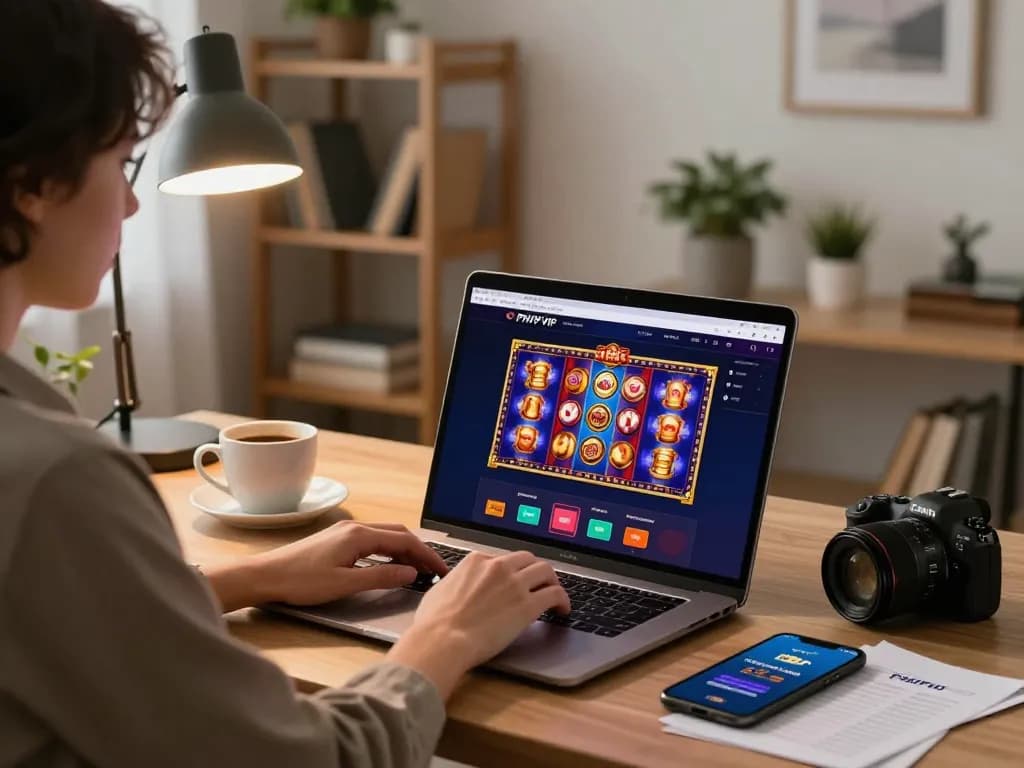 Engaging player immersed in PHPVIP online casino gameplay at home, showcasing vibrant game interface and strategic betting.