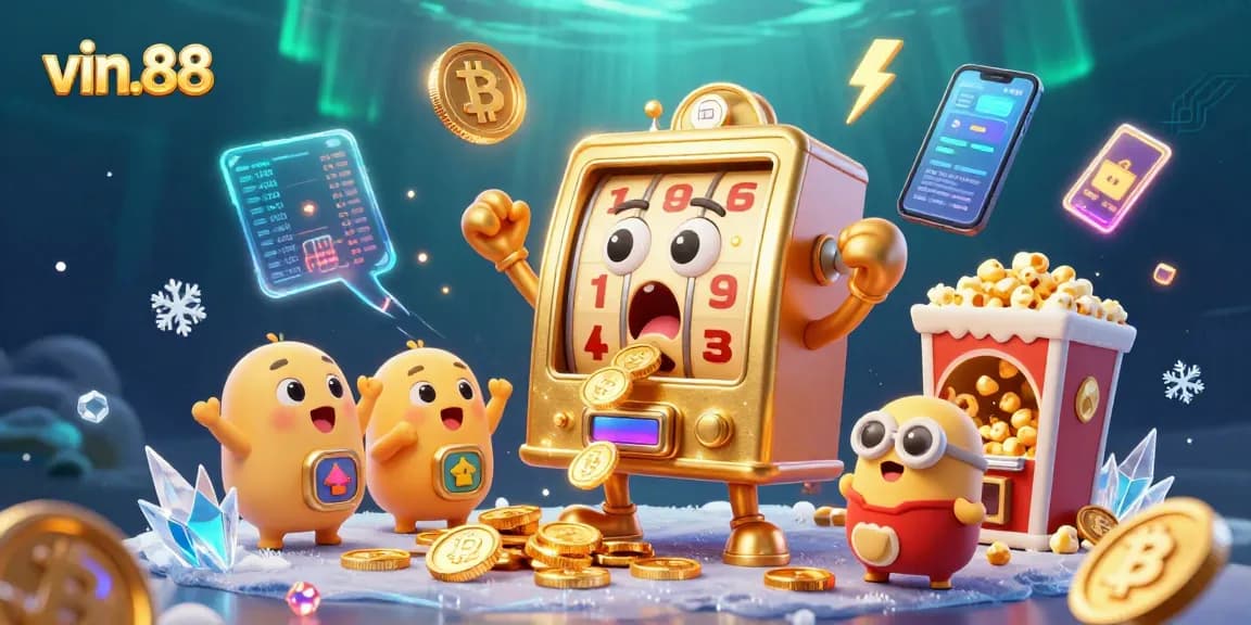 Join the thrilling action at vin.88 as the golden slot machine hits the jackpot in this dynamic casino scene!