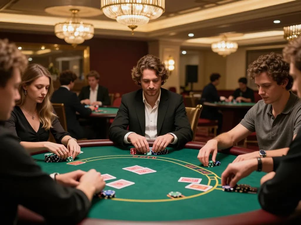 F168 players strategizing at a high-stakes poker table in a luxurious casino setting