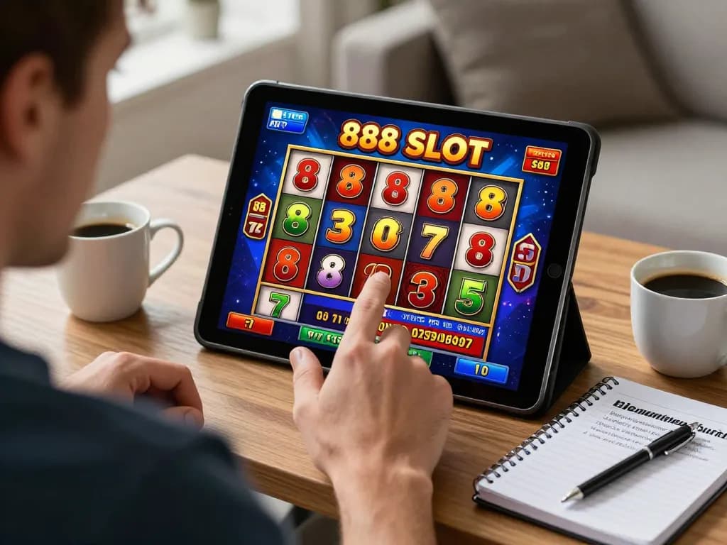 Engaged player enjoying an 888slot game on tablet in their cozy home, showcasing excitement and responsible gaming.