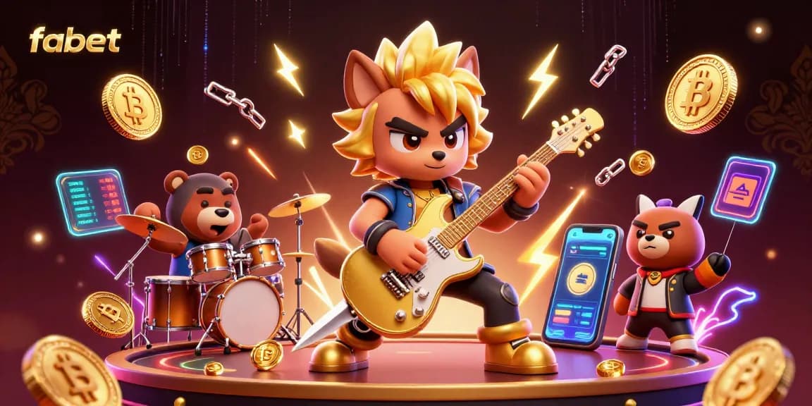 Experience thrill with fabet, featuring a rock star wolf and drummer bear in a vibrant casino.