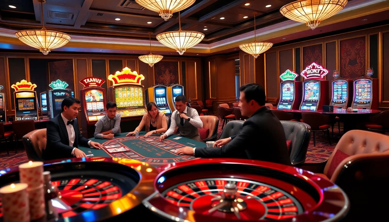 Engage in high-stakes poker with Nhà cái U888 in a vibrant casino atmosphere featuring poker chips and a roulette wheel.