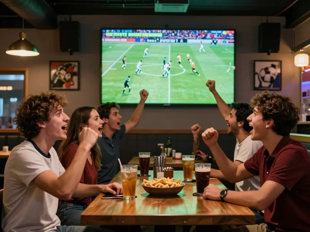 Cheering crowds enjoying xem trực tiếp bóng đá at a vibrant sports bar, lively atmosphere.