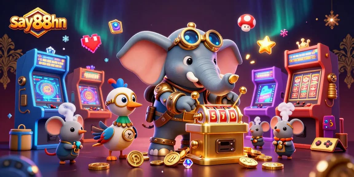 Engage with the dynamic slot machine action in say88hn's vibrant 3D casino scene featuring unique steampunk characters.