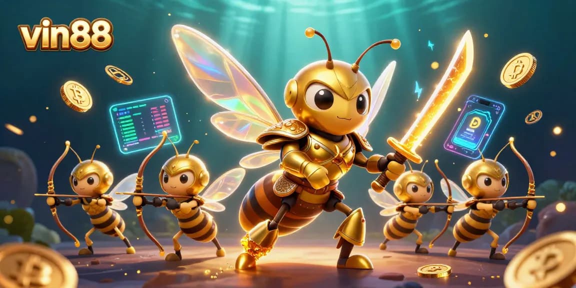 Experience thrilling action at vin88 with a vibrant illustration of a golden hornet and bee archers in a captivating casino scene.