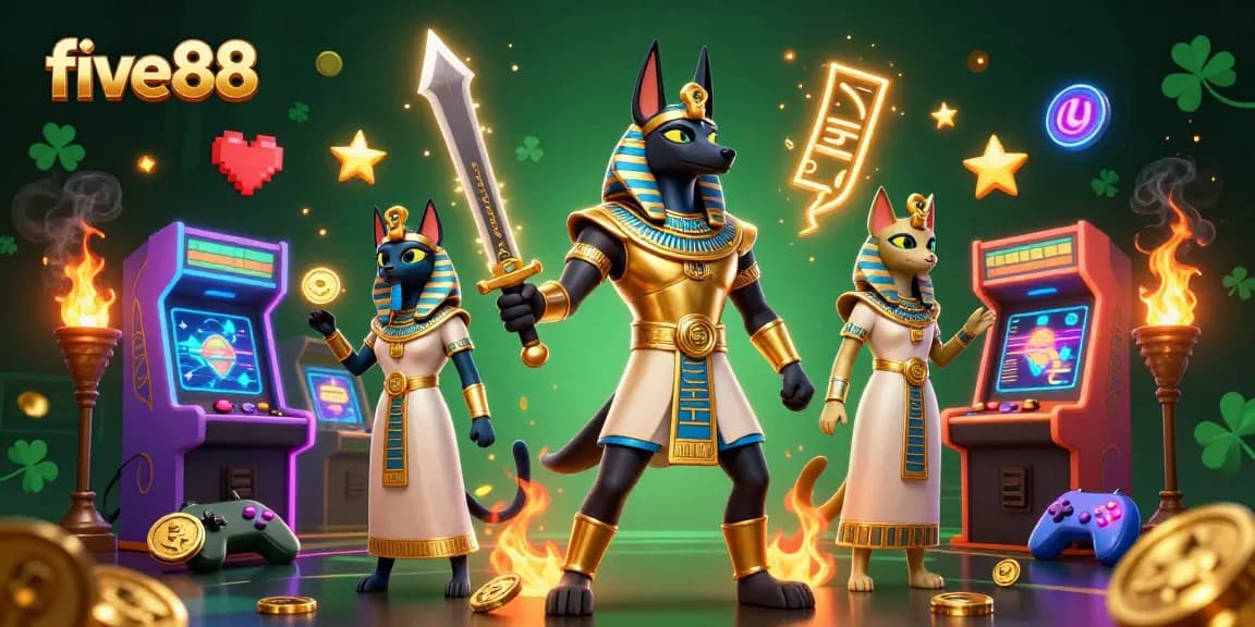 Experience the magic of five88 with a vibrant 3D fantasy casino scene featuring Anubis and Bastet.