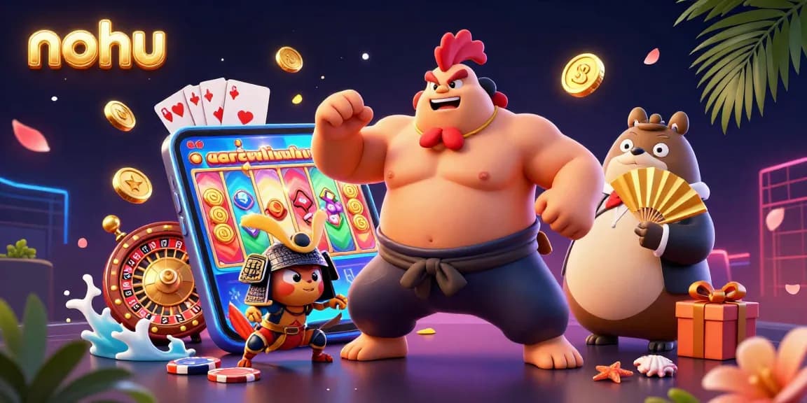 Nohu engages players with a vibrant illustration of a casino-themed scene featuring a powerful sumo rooster.