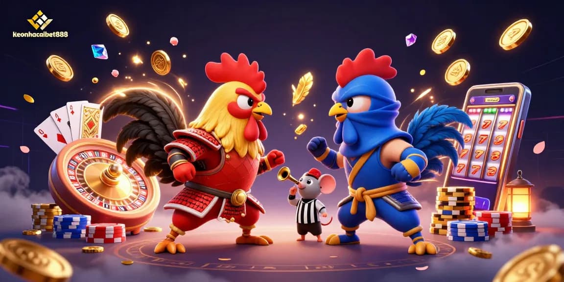 Experience intense action with keonhacaibet888 as fighting roosters clash amidst thrilling casino elements.