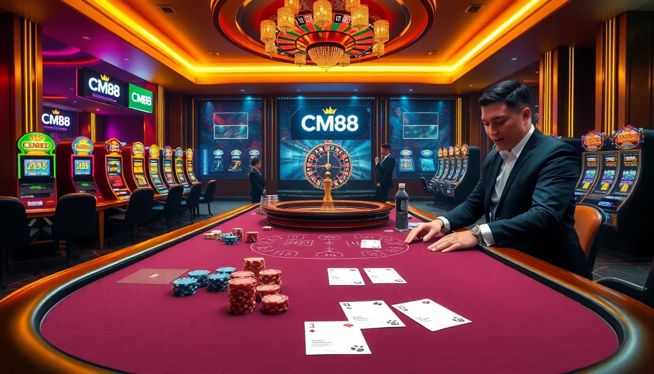 A high-stakes poker game in a luxurious casino featuring CM88-branded chips and betting slips.