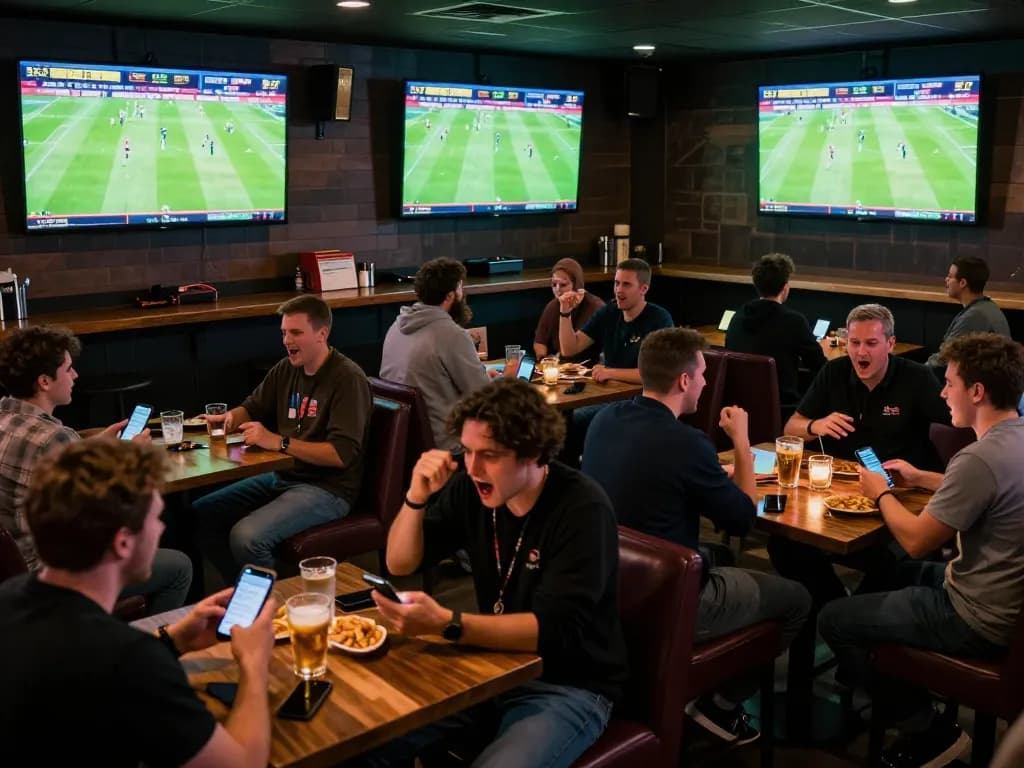 Xoilactv sports betting excitement with fans cheering in a lively bar setting, multiple screens showing live matches.