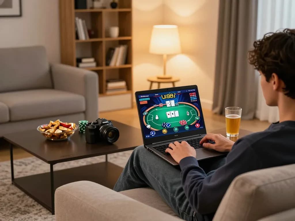 Engaging in an online lu88 game with poker on laptop displaying vibrant interface and warm home atmosphere.