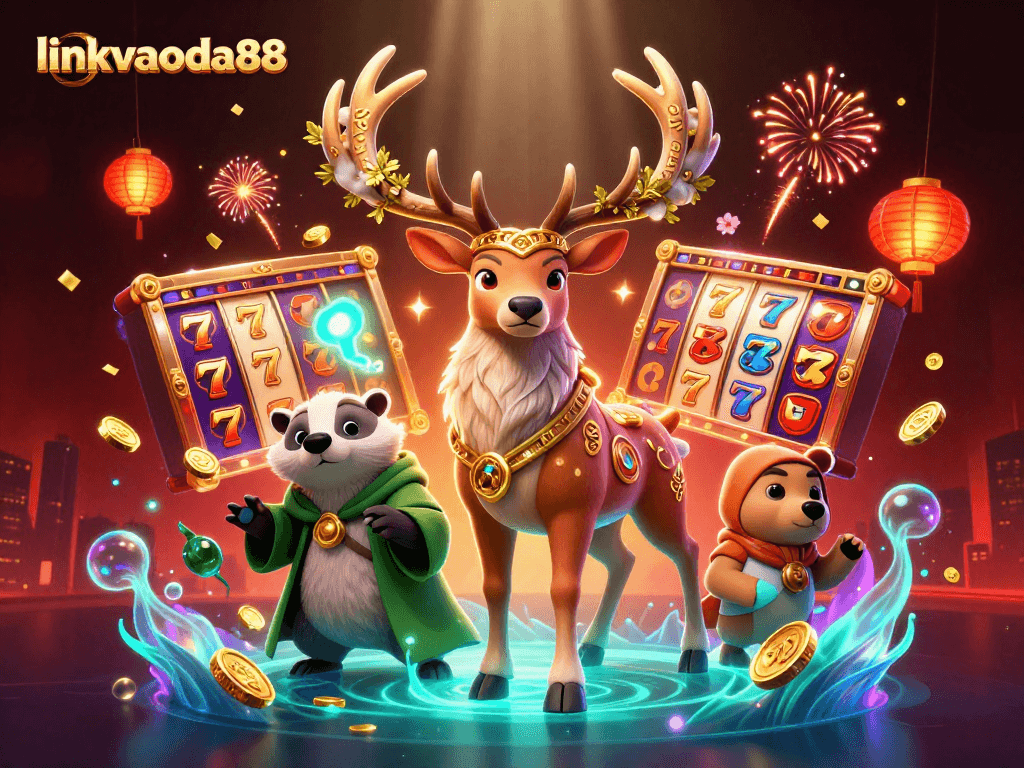 Immerse yourself in linkvaoda88's vibrant casino world with enchanting characters and golden slot reels.