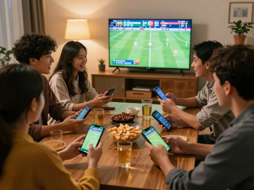 Watch live football betting excitement as friends enjoy the game together while placing bets online.