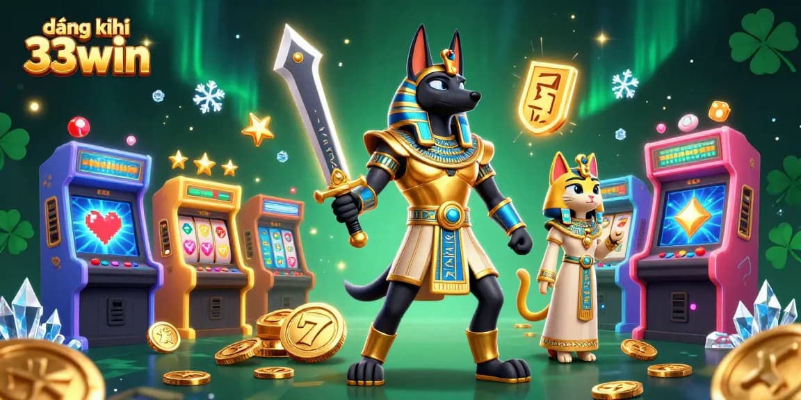 Engage in excitement with đăng ký 33win as Anubis and Bastet navigate a vibrant casino scene filled with slot machines.