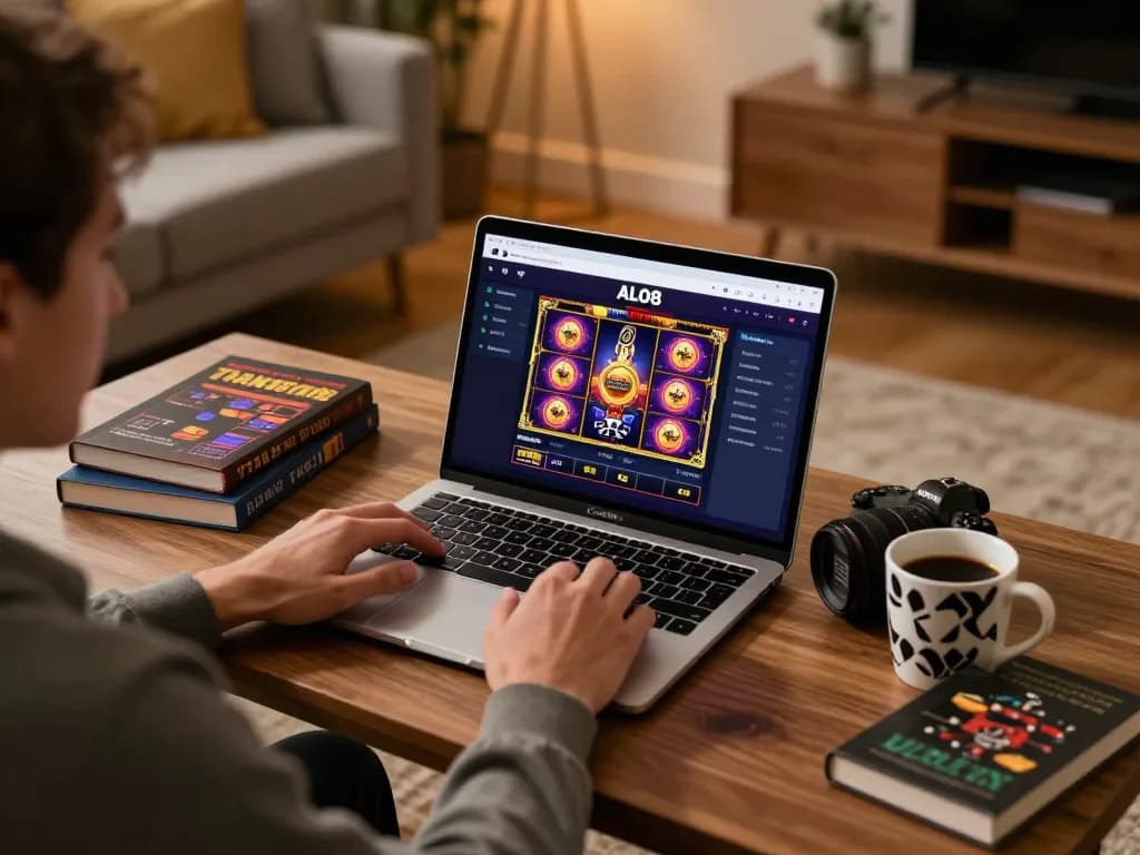 Engaging online gaming experience at Trang chủ ALO8 featuring a player immersed in a slot game.