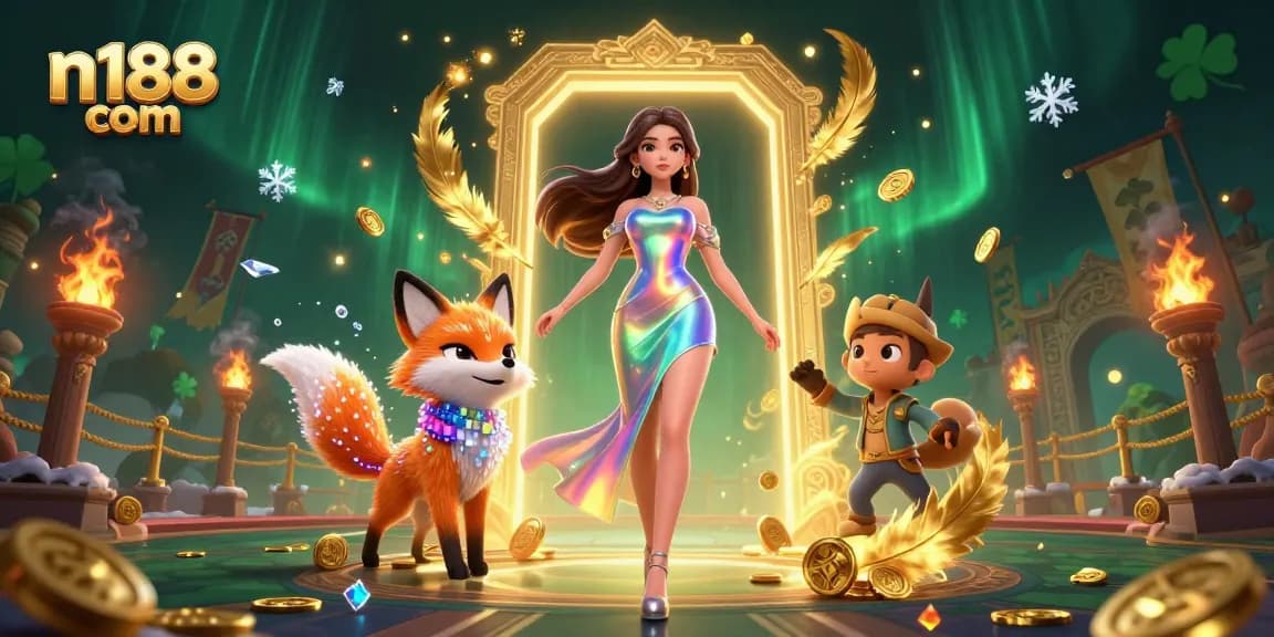 Experience thrilling betting at n188 com with vibrant casino art featuring colorful characters and game elements.