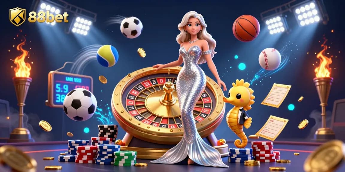 Bet with 88bet using a stunning mermaid and golden roulette wheel illustration, packed with action and energy.