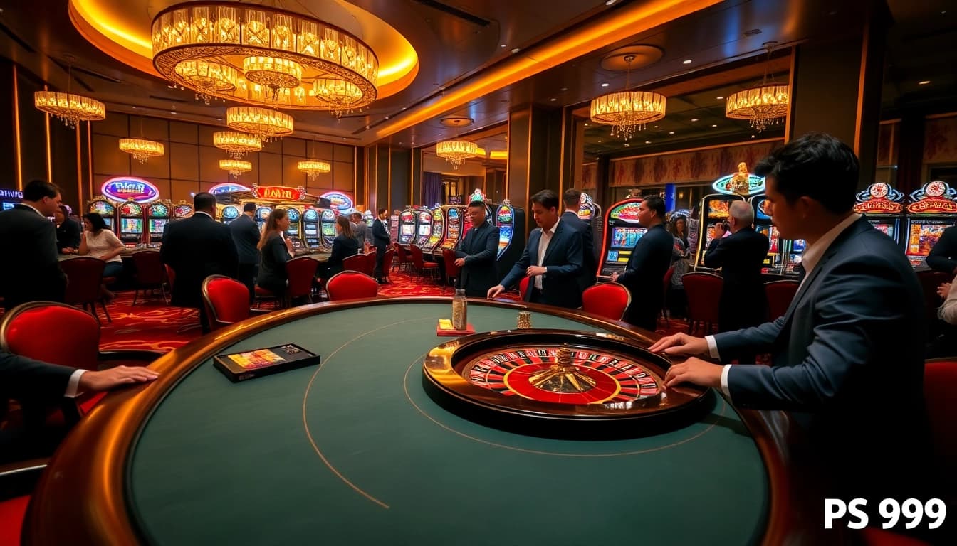 Engaging gamblers at PS 99's luxurious casino table surrounded by captivating slot machines.