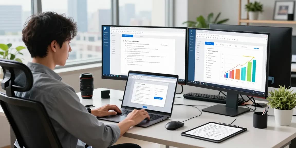 Efficient workspace illustrating WPS Download on multiple screens with productivity tools.