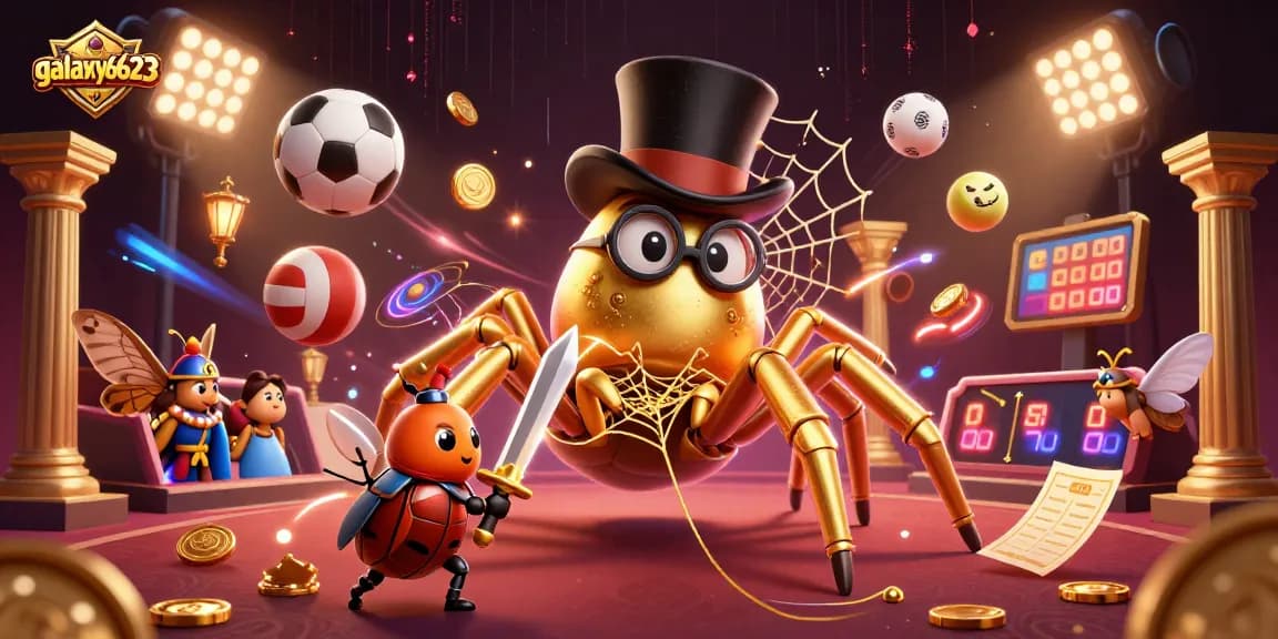 Experience excitement at galaxy6623, where a courageous beetle knight approaches a golden tarantula in a casino setting.