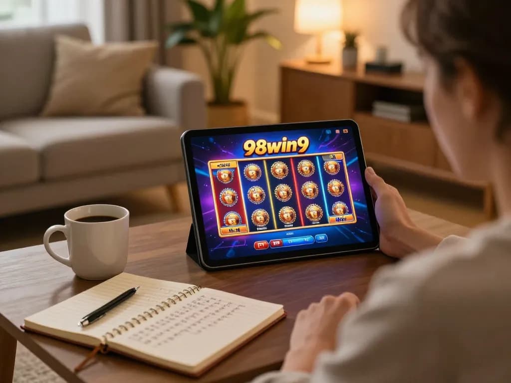 Engaged user playing slots on 98win9 tablet in cozy home atmosphere