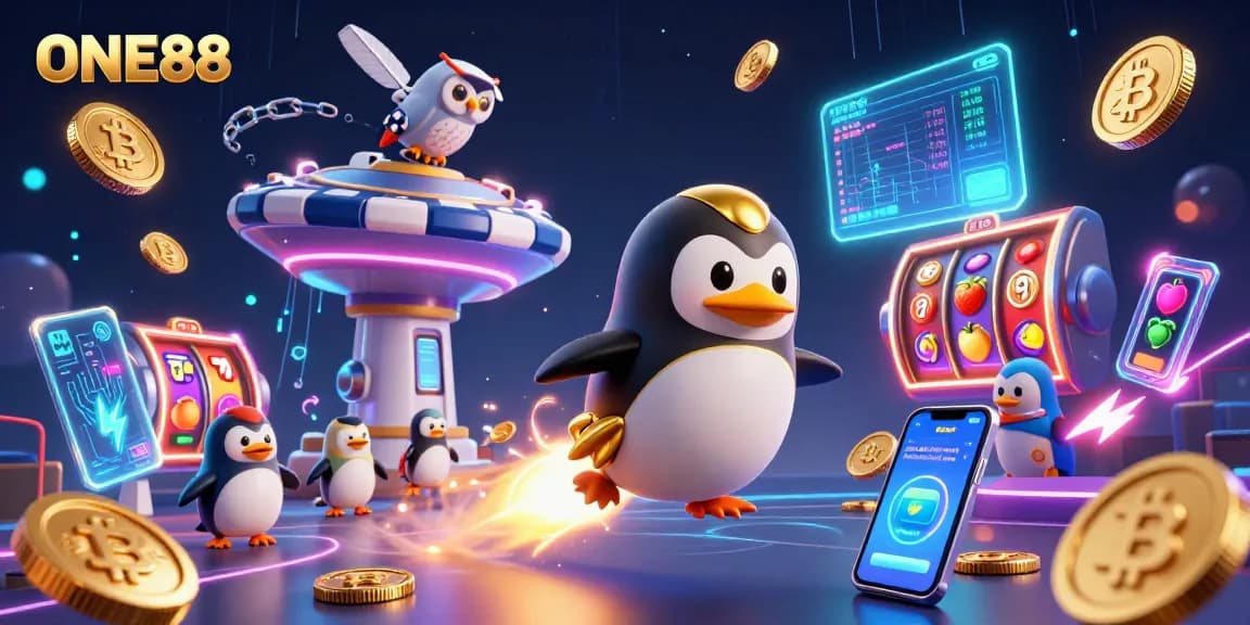 Experience ONE88 with a rocket-powered penguin soaring past crypto coins and vibrant slots.