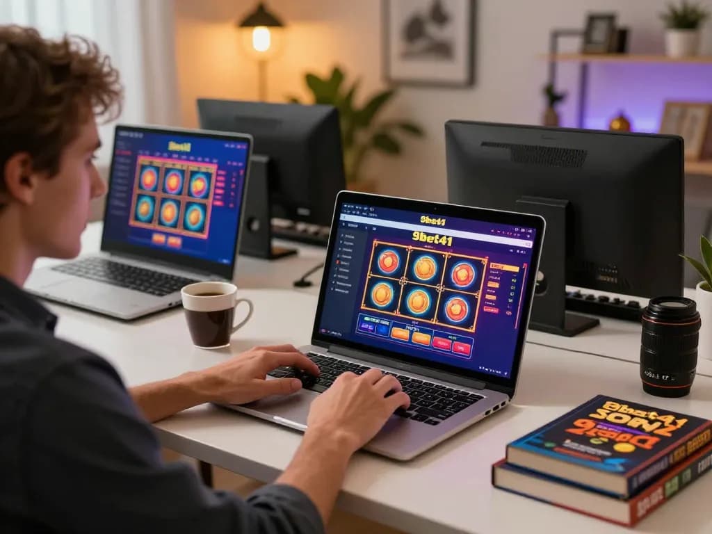 Person engaging with 9bet41 online casino gaming setup, showcasing strategic play and vibrant interface.