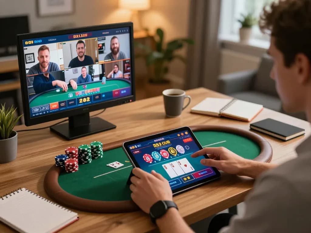 Player enjoying online poker at b52 club, showcasing tablet screen and strategic gameplay elements.
