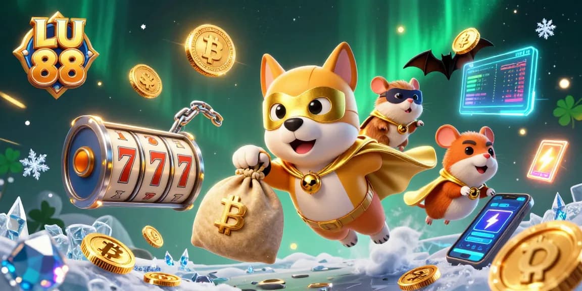 Engage in thrilling casino games with LU 88's colorful superhero dog and hamster duo, capturing the excitement.