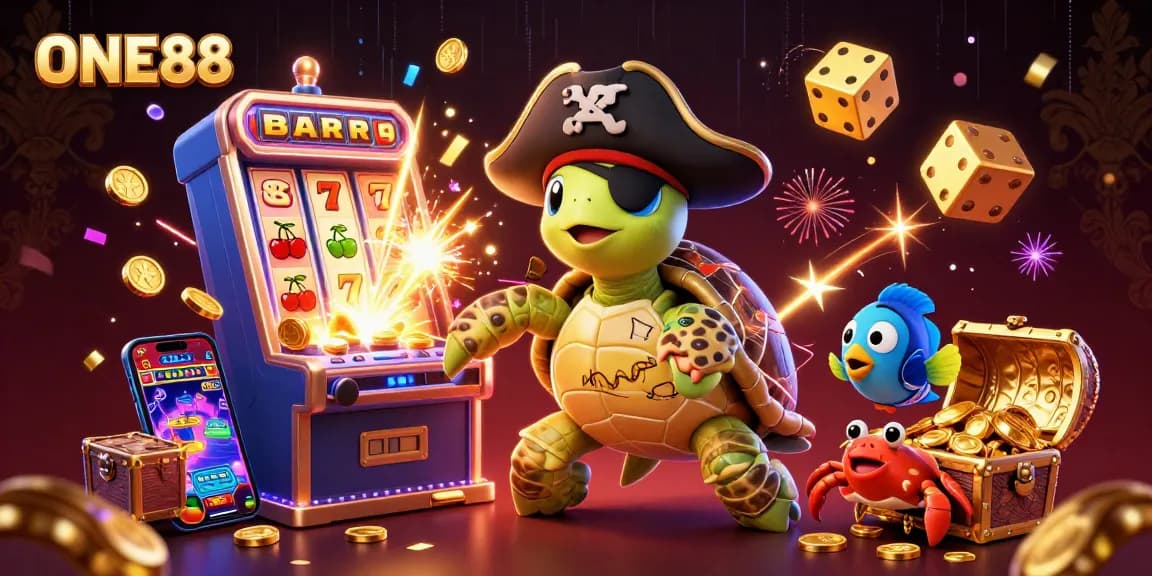 ONE88 explosion of joy with a cartoon pirate turtle, crab, and fish amid casino jackpots.