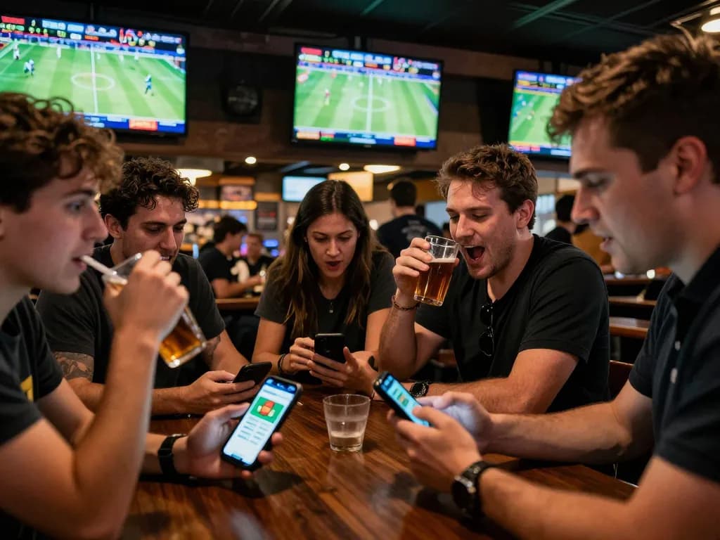 Guests place live bets on kèo nhà cái while enjoying the excitement of sports matches in a lively bar