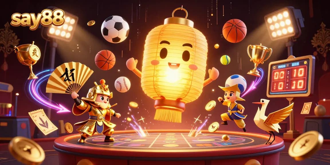 Experience the thrill of say88 with giant golden lantern spirits, paper fan warriors, and dynamic sports action in a vibrant casino scene.