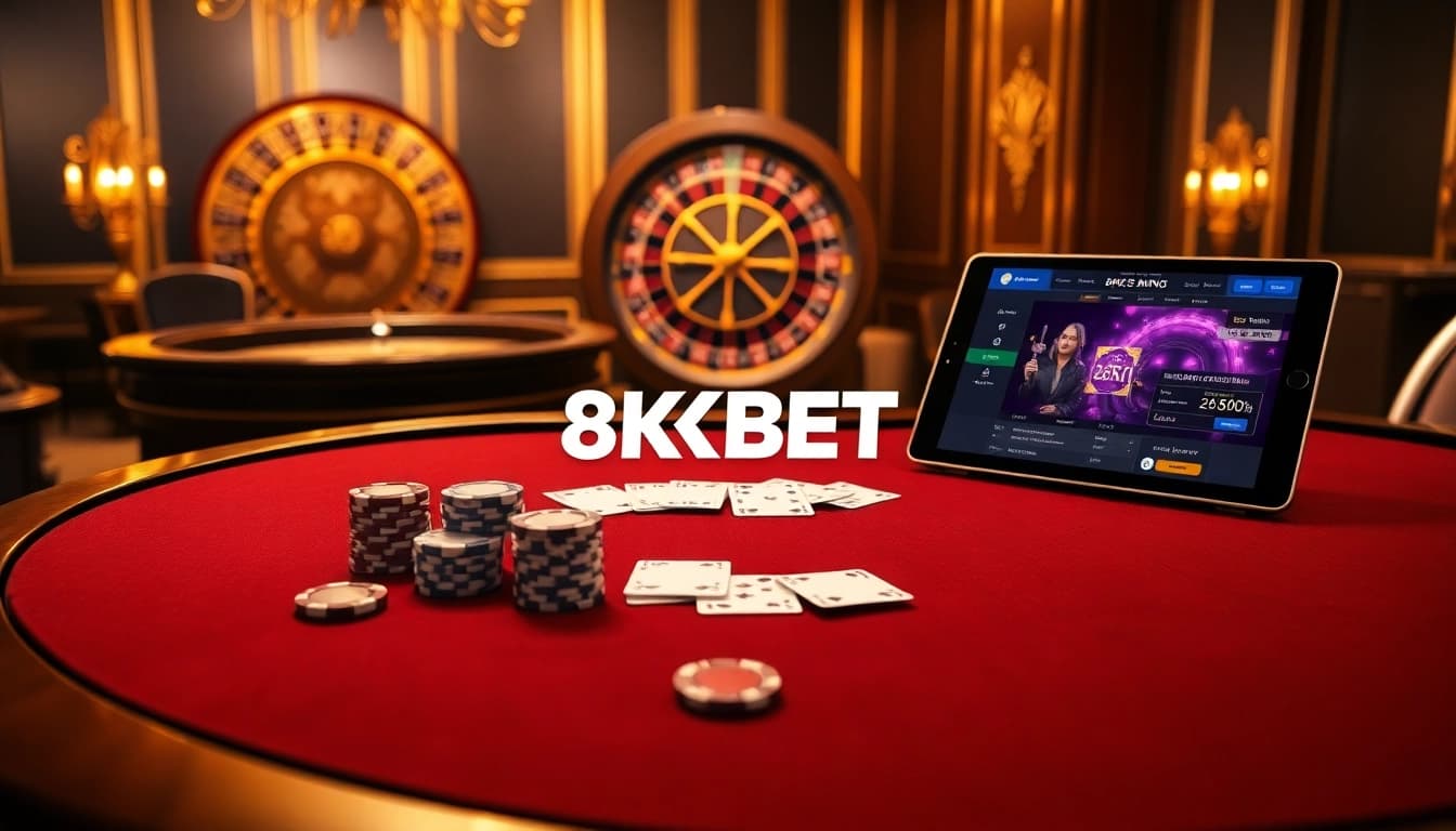 8KBET poker table scene with luxurious chips and cards, showcasing excitement in gambling.