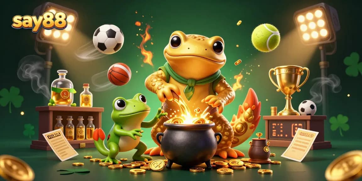 Experience exciting gameplay with Say88 in an ultra-detailed casino scene filled with sports elements and vibrant colors.