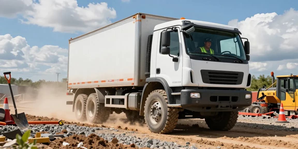 Commercial truck on rugged terrain with Double Coin RR99 tires showcasing durability and performance in mixed service conditions.