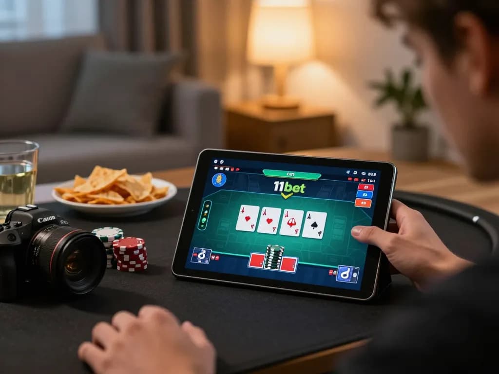 Engaged player strategizing during an intense 11bet game on a tablet, cozy home atmosphere.