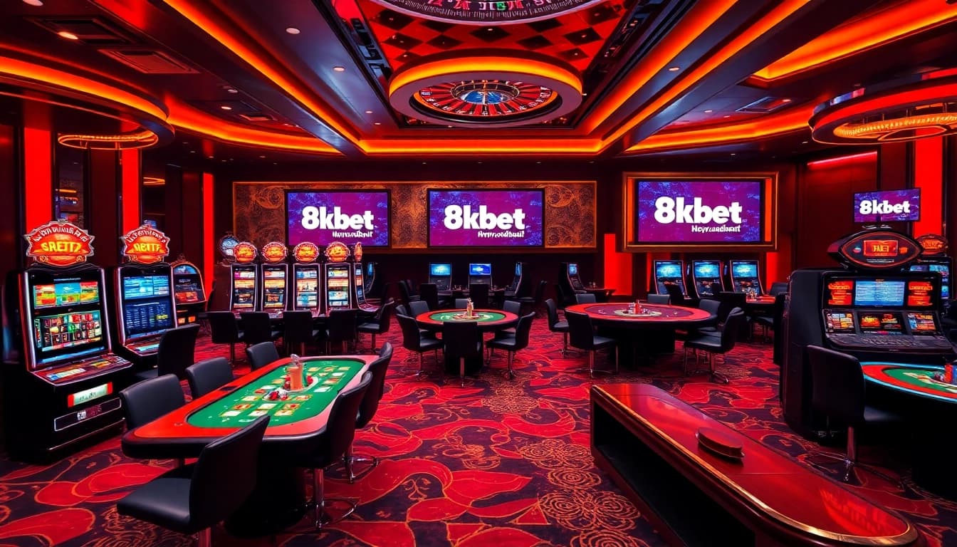 Experience thrilling games at https://8kbet.hair/, showcasing vibrant casino elements like tables and slots.