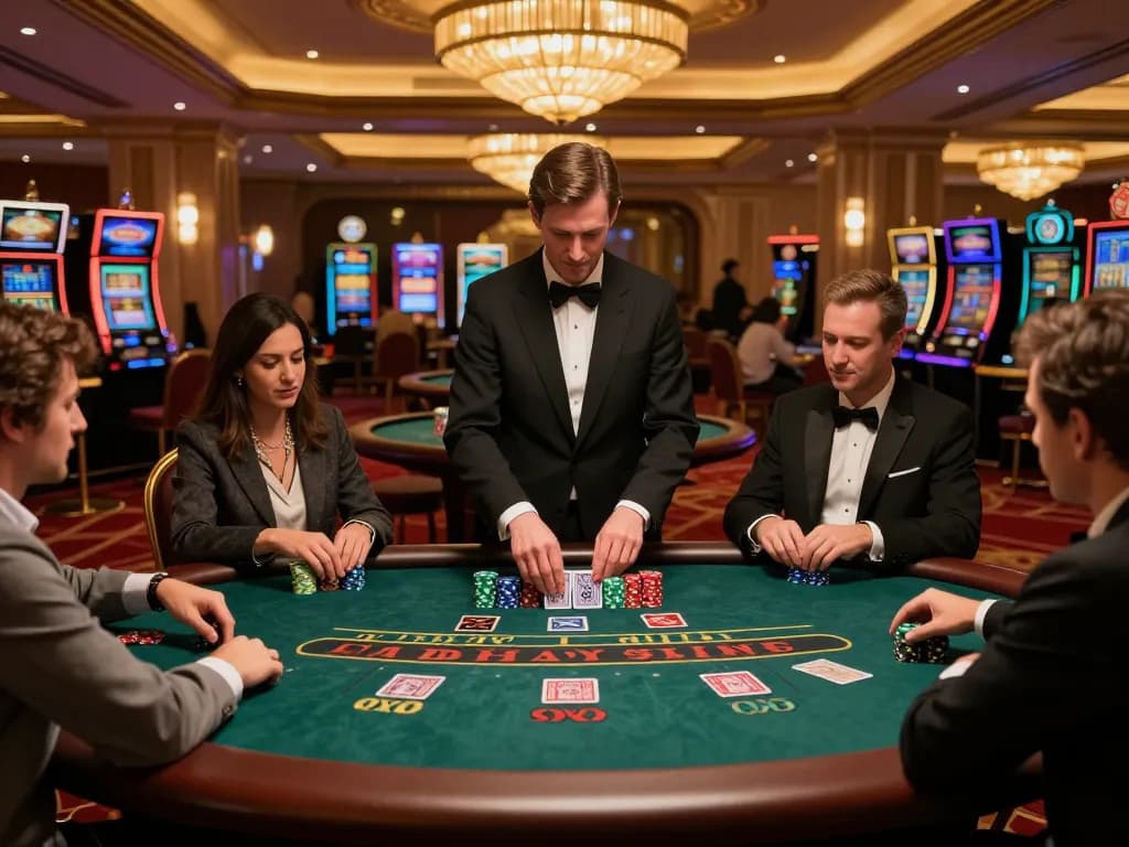 Players enjoying a high-stakes blackjack game at a luxurious casino table, showcasing VA88 excitement