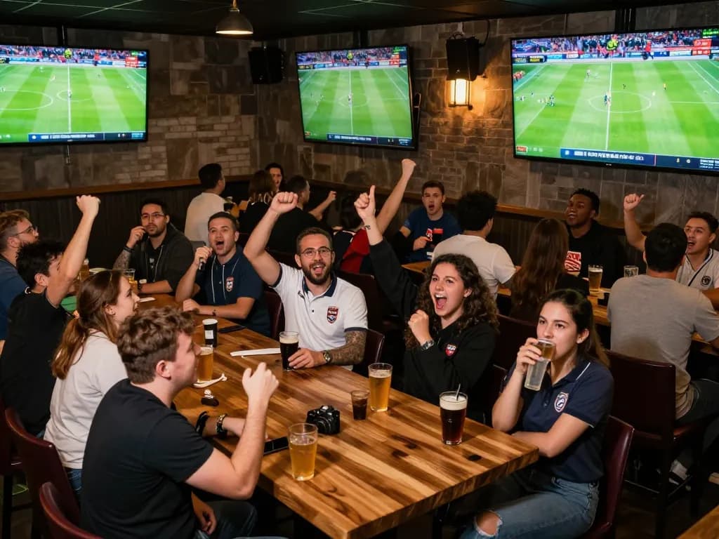 Experience xem trực tiếp bóng đá with fans celebrating and engaging in live betting at a lively sports bar.