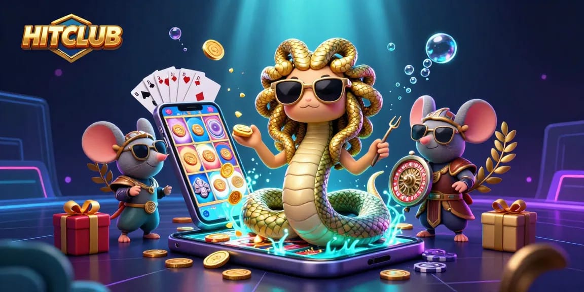 Experience the excitement of HITCLUB's playful casino scene with Medusa and a warrior mouse.