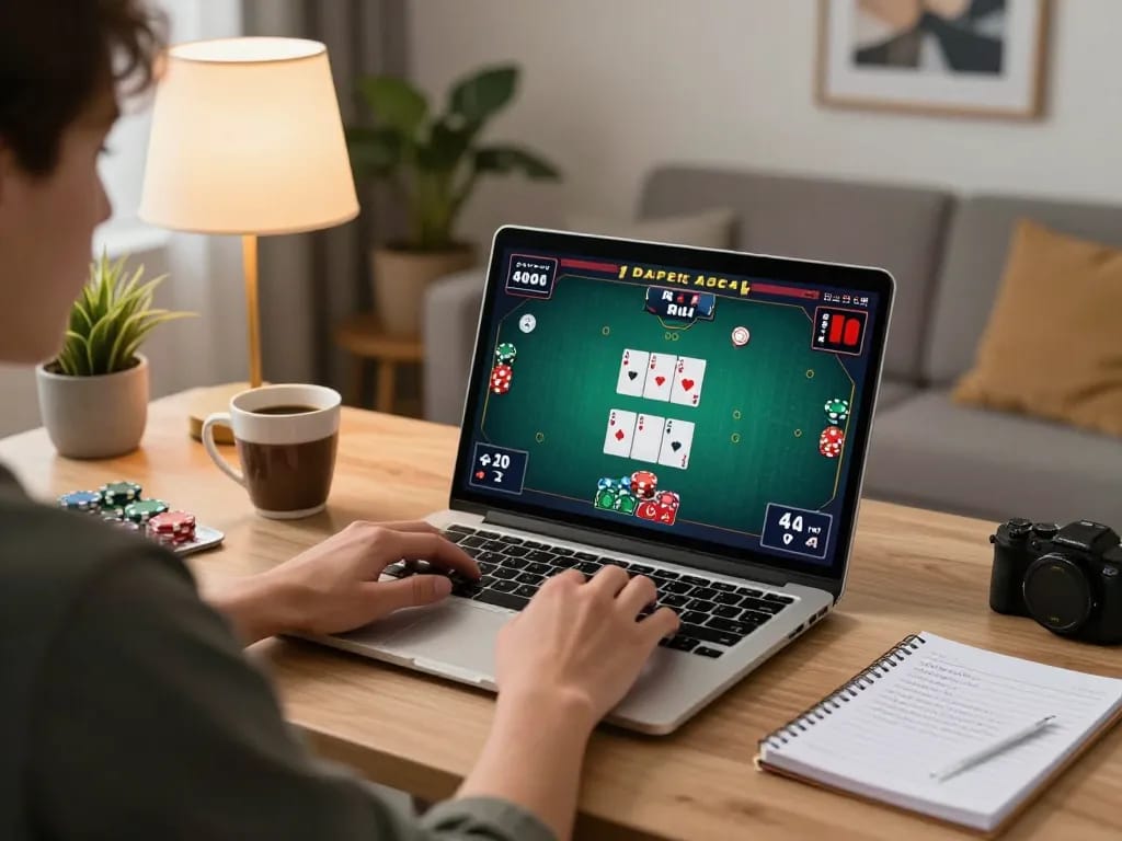Engaging scene with player strategically enjoying an online poker game using laptop at home, showcasing yo88i gameplay interface.