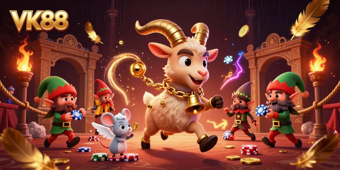 VK88 casino scene capturing a festive Krampus goat overseeing chaos among elf gremlins stealing chips.