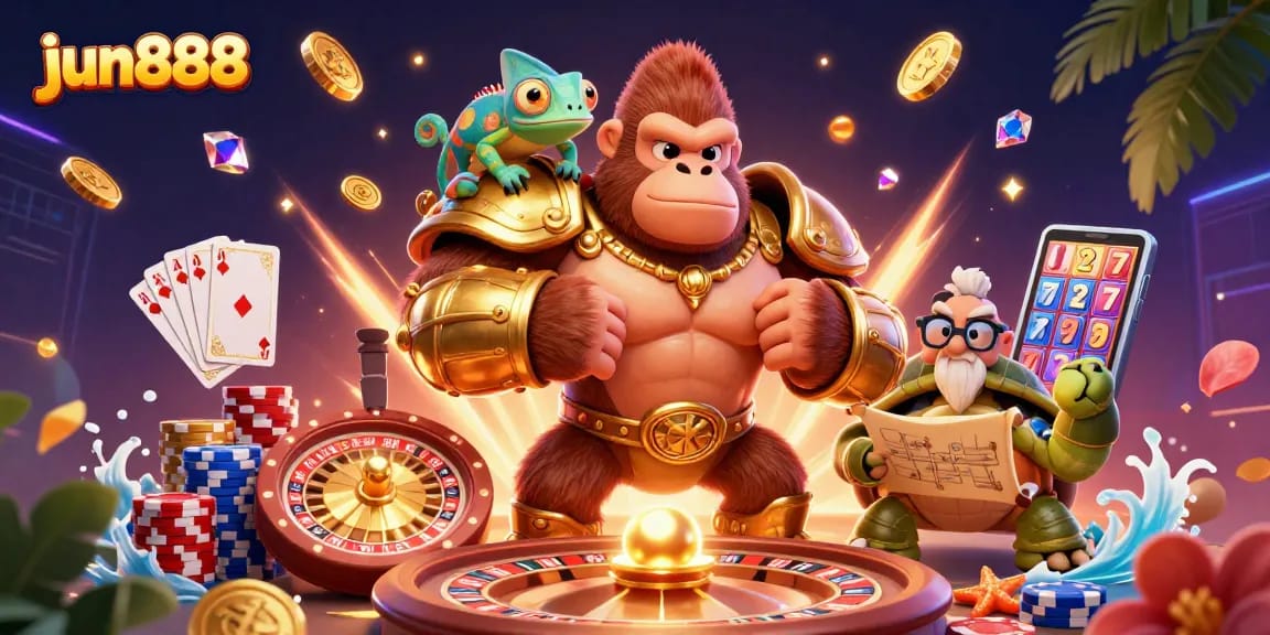 Experience gaming excellence with jun888, featuring dynamic characters and vibrant casino elements.