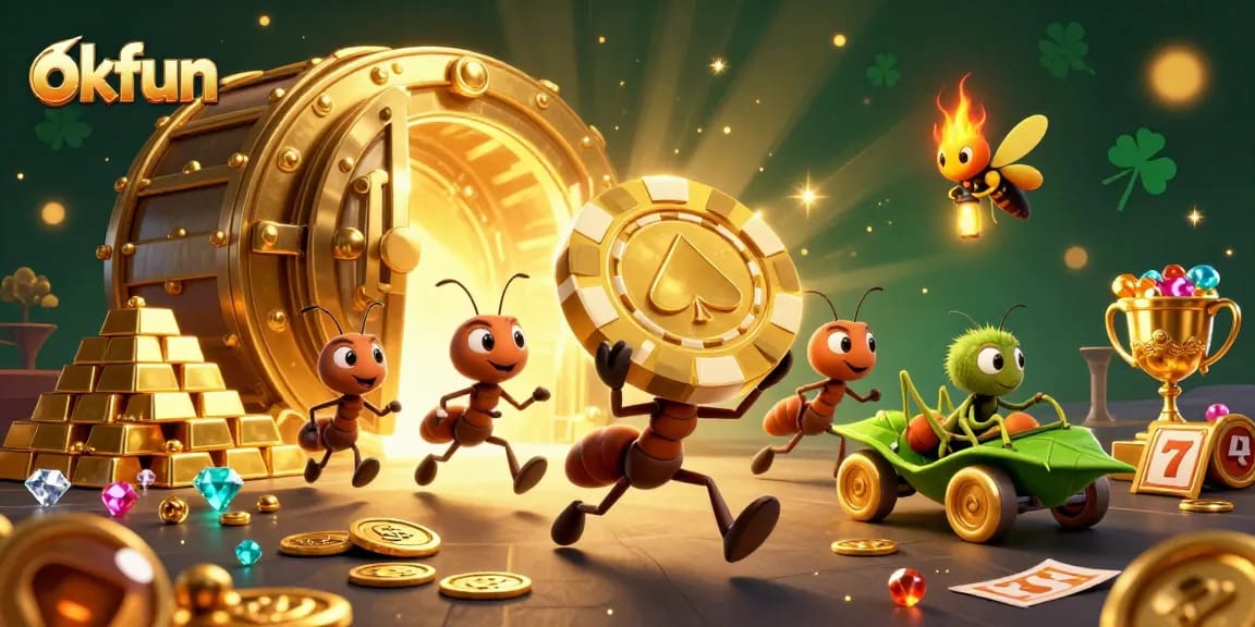 Win big at okfun with ants on a heist, showcasing vibrant casino elements.