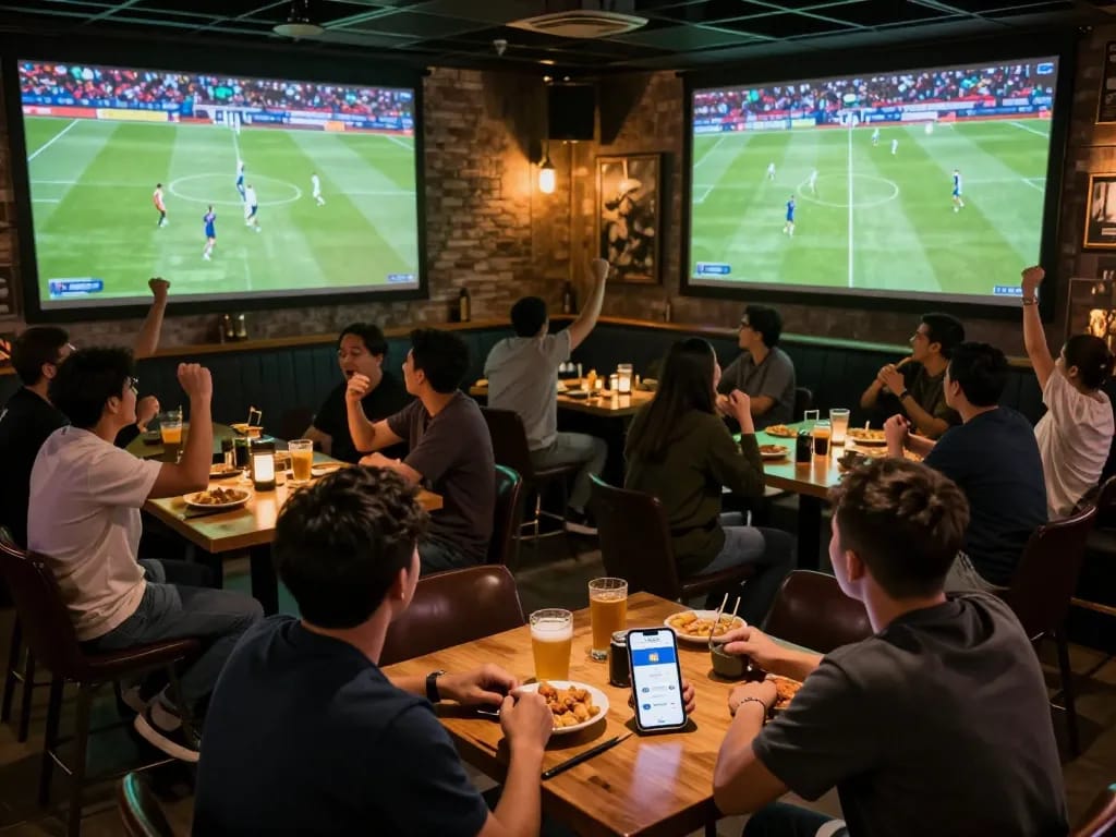Socolive trực tiếp action as fans cheer passionately while watching live soccer in a vibrant sports bar setting.