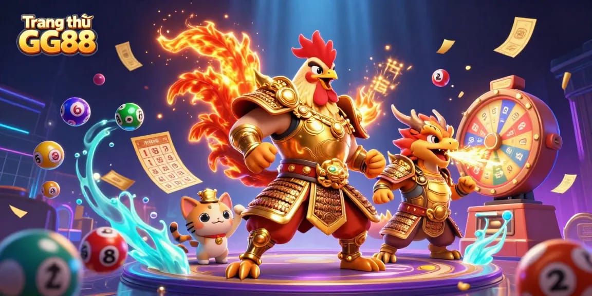 Experience the excitement of Trang chủ GG88 with dynamic games and colorful lottery elements in this vibrant scene.