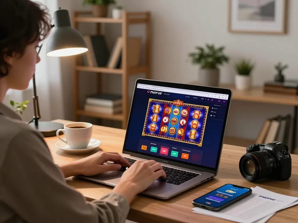 Engaging player immersed in PHPVIP online casino gameplay at home, showcasing vibrant game interface and strategic betting.